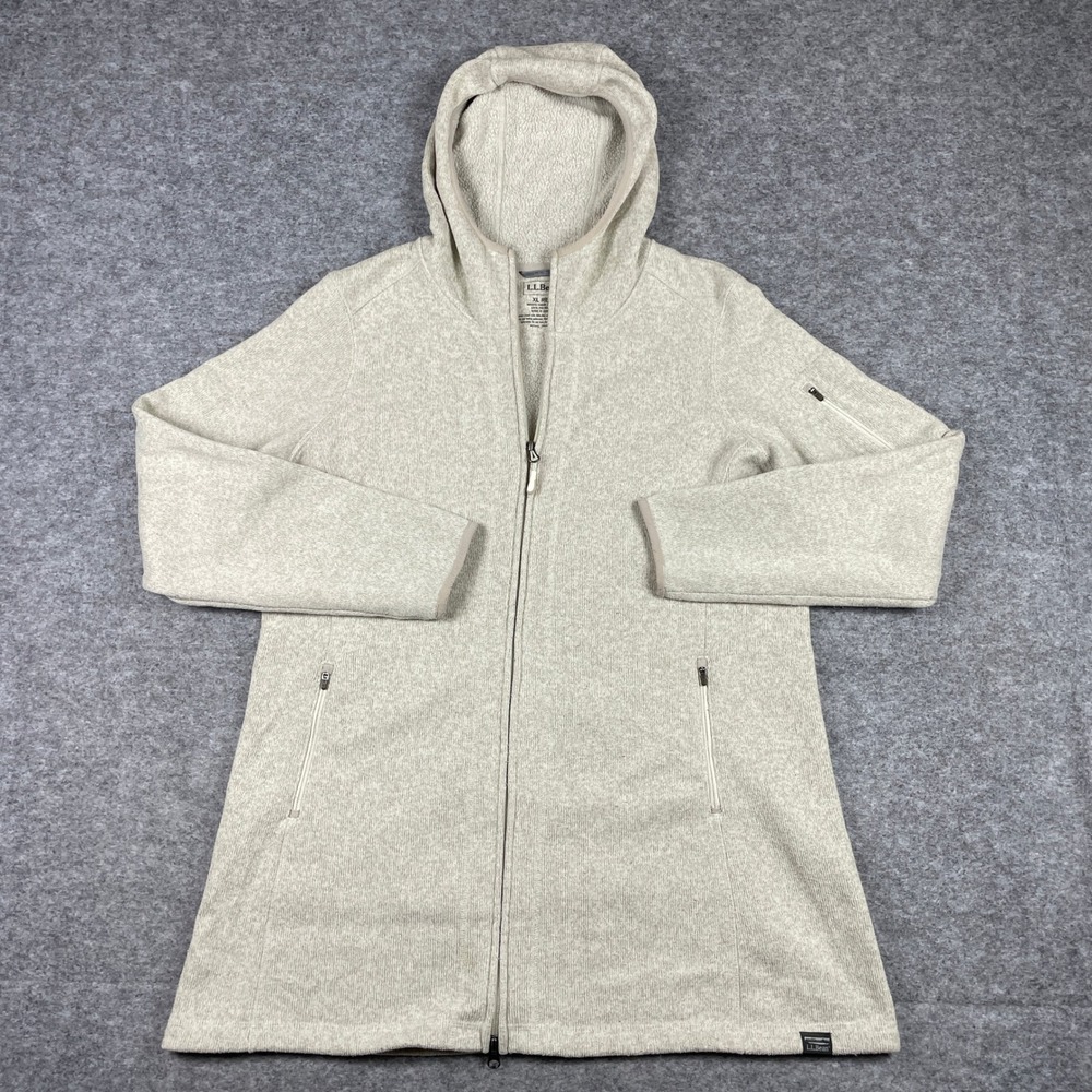 LL Bean Sweater Fleece Jacket Womens XL Oatmeal Full Zip Hooded Longline